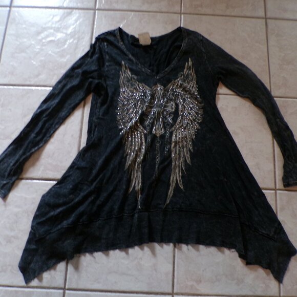 Vocal Shirt Womens Medium Crystal Studded Black Gray Y2K Wings Grunge Rhinestone - Picture 1 of 10